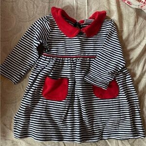 Striped Black and White Kids Dress with Red Collar and Pockets